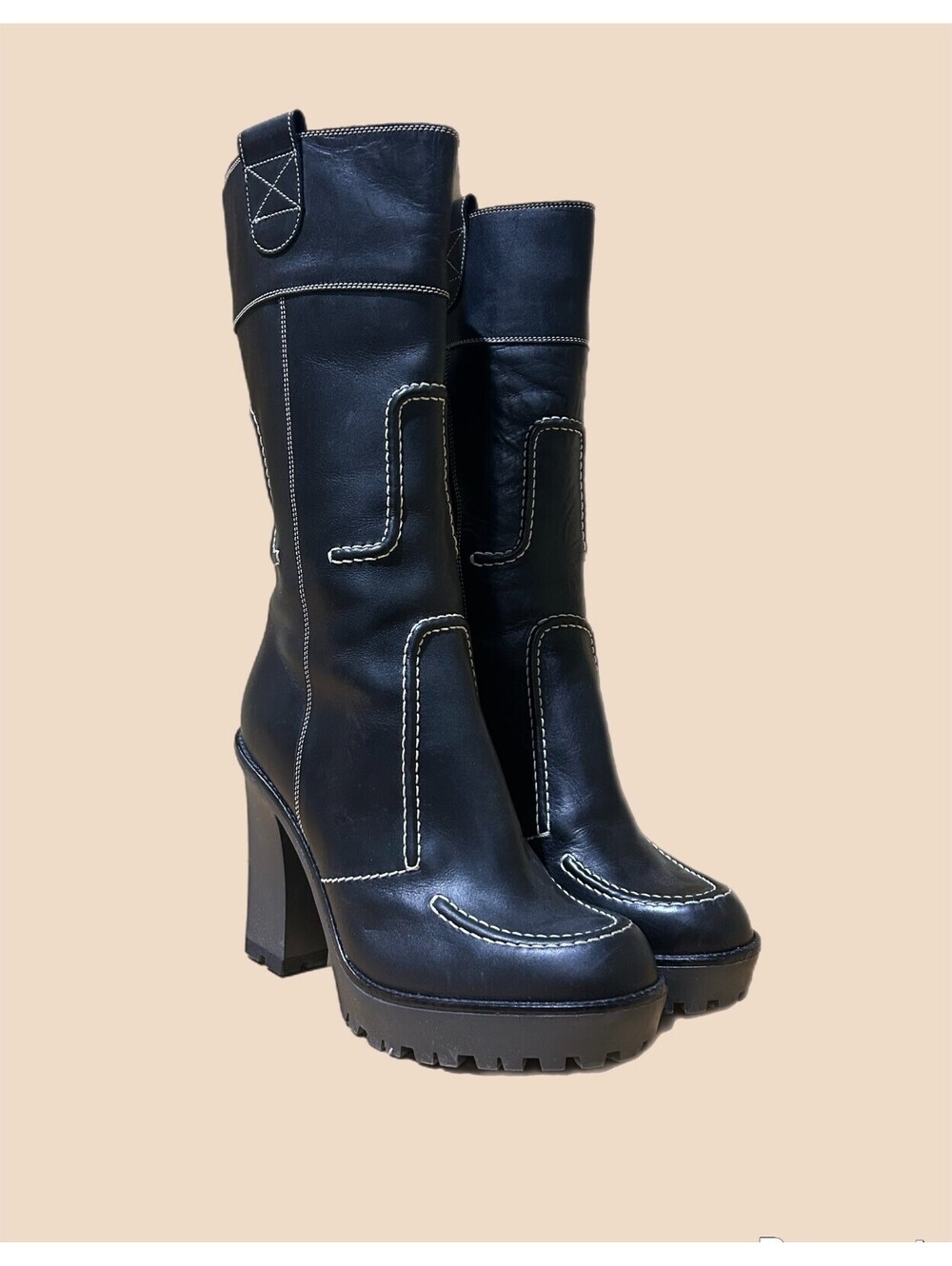 YSL Boot with Patchwork Contrast Stitching Black Leather Booties Size 37/ 6.5